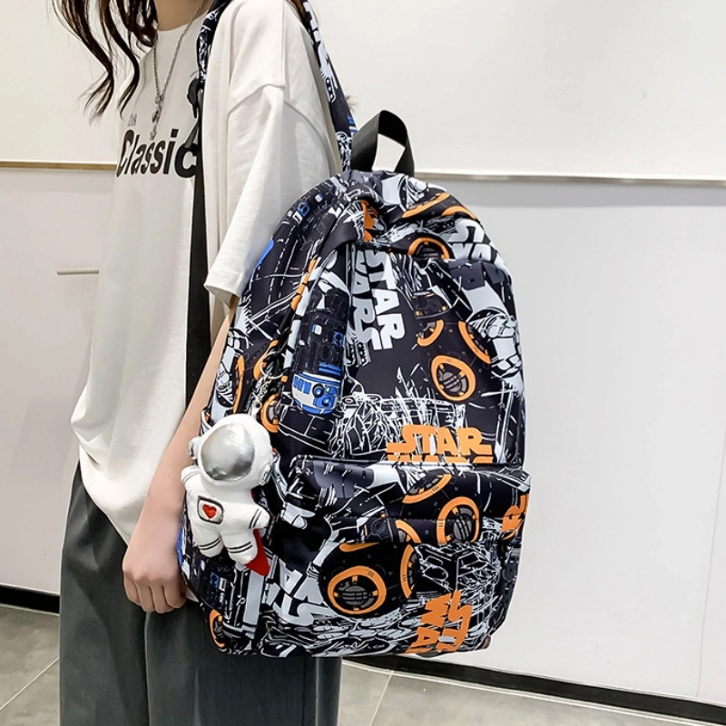 泰格奴 小清新休闲高颜值精美潮版韩版背包初中生高中生大学生上课百搭书包 尼龙布 双肩包 男女同款情侣款 黑色/桔红色/蓝色
