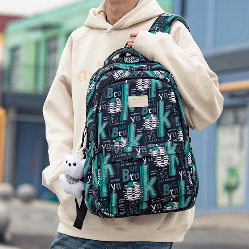 泰格奴 字母印花轻便简约大容量运动耐磨背包初中生高中生大学生上课百搭书包 尼龙 双肩包 男女同款情侣款 蓝色/绿色/黑色