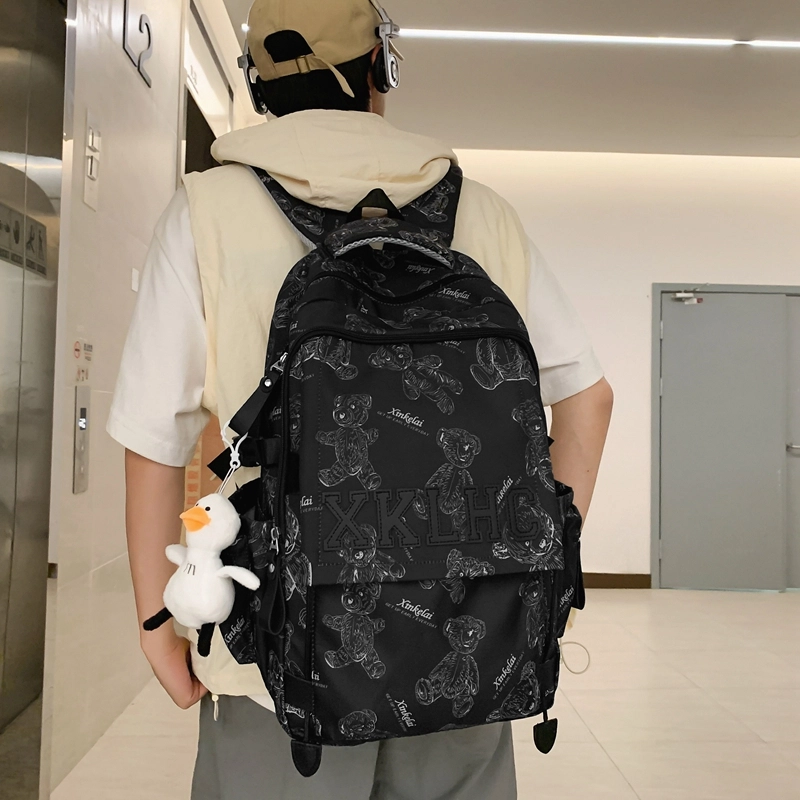 泰格奴 字母印花轻便国风大容量运动背包初中生高中生大学生上课百搭书包 尼龙 双肩包 男女同款情侣款 米白色/黑色/红色/绿色