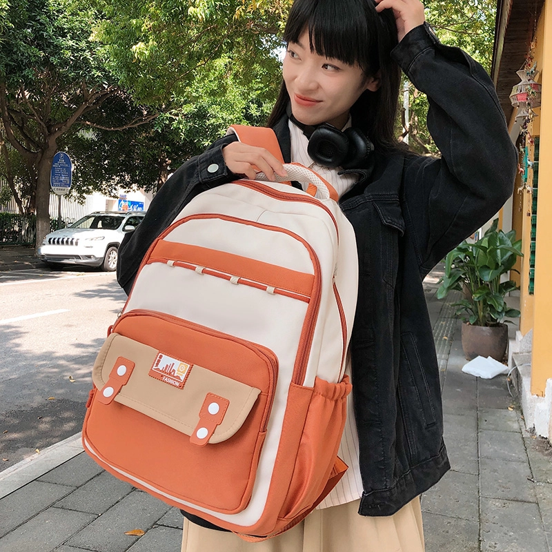 泰格奴 撞色系轻便百搭背包美版洋气个性气质高级感潮流时尚初中高中大学生上课书包 尼龙 双肩包 女款 黑色/红色/桔色/卡其色/粉色