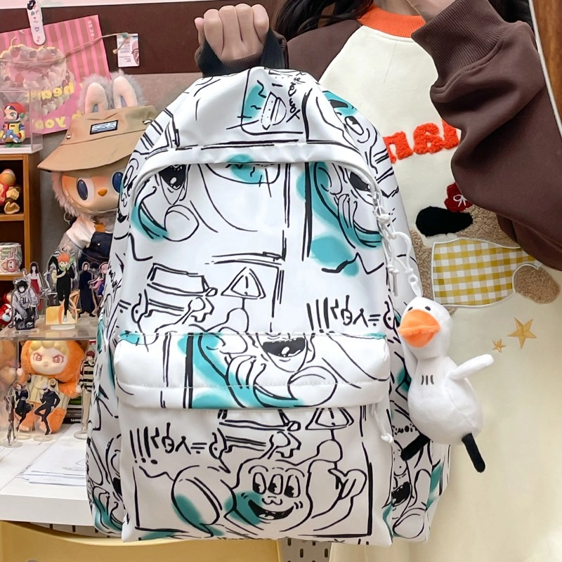 泰格奴 涂鸦精美机能通勤旅行小清新轻便高颜值大容量背包初中高中大学生上课百搭书包 尼龙 双肩包 常规 男女同款情侣款 灰色/绿色