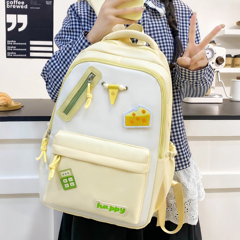 泰格奴 撞色系轻便百搭背包美版洋气个性气质高级感潮流时尚初中高中大学生上课书包 尼龙 双肩包 男女同款情侣款 卡其色/黄色/蓝色/黑色
