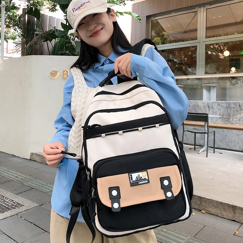 泰格奴 撞色系轻便百搭背包美版洋气个性气质高级感潮流时尚初中高中大学生上课书包 尼龙 双肩包 女款 黑色/红色/桔色/卡其色/粉色