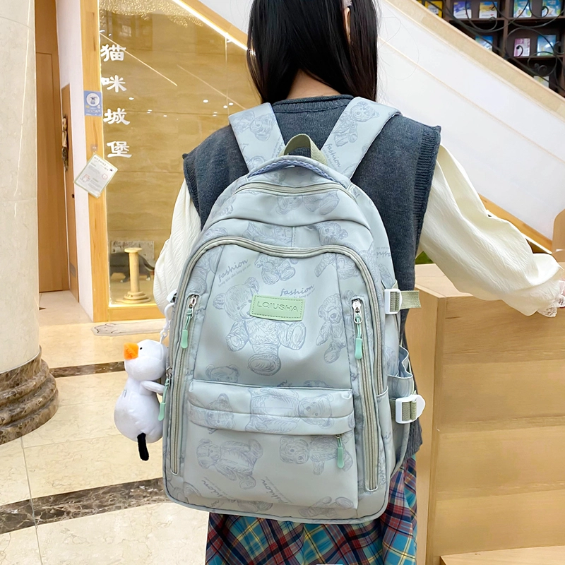 泰格奴 印花轻便简约大容量运动耐磨背包初中生高中生大学生上课百搭书包 尼龙 双肩包 男女同款情侣款 米白色/黑色/紫色/绿色