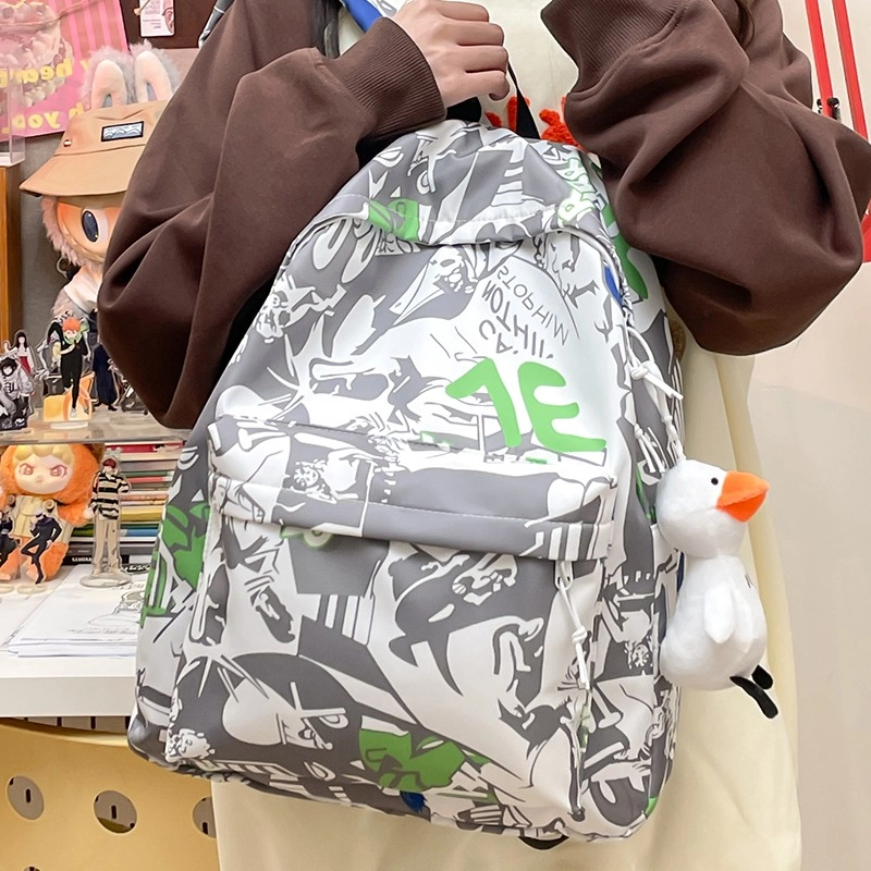 泰格奴 涂鸦精美机能通勤旅行小清新轻便高颜值大容量背包初中高中大学生上课百搭书包 尼龙 双肩包 常规 男女同款情侣款 灰色/绿色