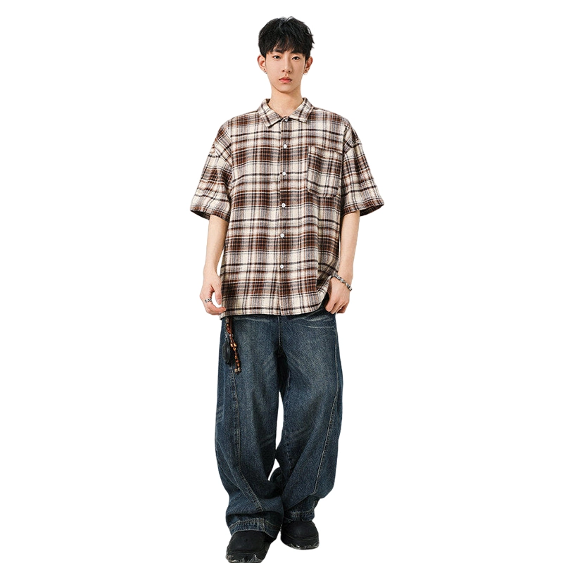 加荣 薄款透气美式复古格子街头潮牌慵懒宽松百搭短袖衬衫 男女同款