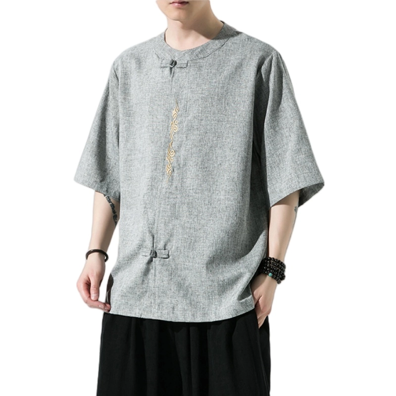加荣 唐装中国风夏季薄款透气仿麻汉服短袖衬衫复古宽松盘扣立领潮流百搭大码青少年户外出行五分袖衬衣上衣 男女同款