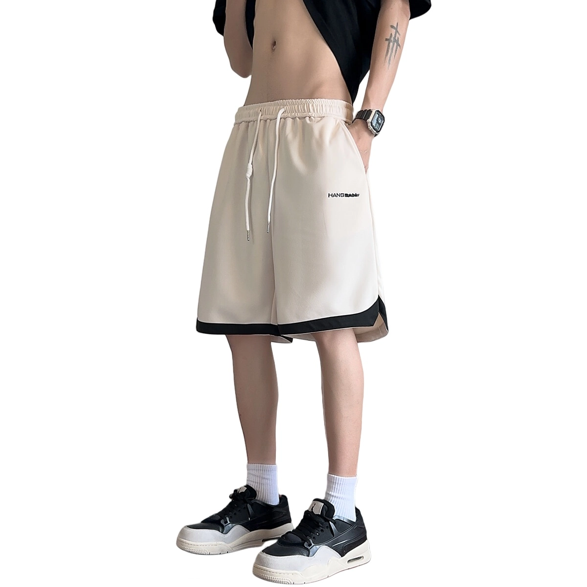 加荣 美式高街刺绣拼接运动男生夏季轻薄透气潮牌青少年户外出行百搭男裤宽松小众设计抽绳松紧腰五分中裤外穿休闲短裤 男女同款
