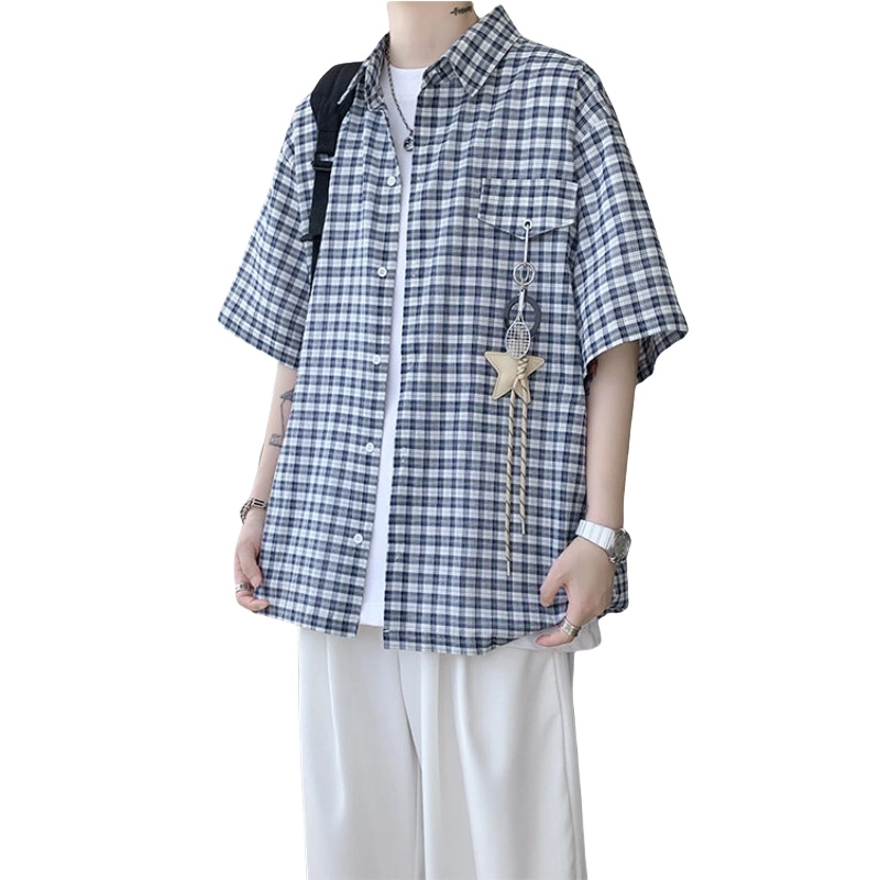 加荣 美式格纹休闲夏季轻薄透气潮牌青少年户外出行通勤百搭宽松慵懒风情侣衬衣短袖衬衫 男女同款