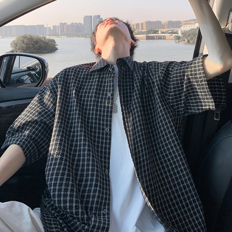 加荣 格子短袖衬衫男夏季薄款透气休闲衬衣青少年翻领设计男装帅气学生开衫半袖夏天户外清凉舒适衣服美式高街潮流五分袖上衣 男女同款