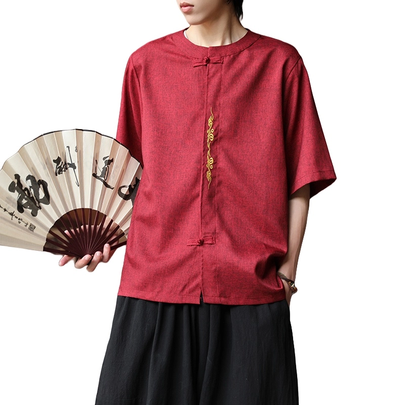 加荣 唐装中国风夏季薄款透气仿麻汉服短袖衬衫复古宽松盘扣立领潮流百搭大码青少年户外出行五分袖衬衣上衣 男女同款