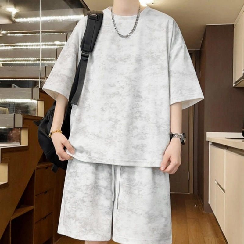 加荣 扎染青少年帅气学生复古高级感时尚初夏穿搭宽松直筒阔腿圆领短袖短裤休闲运动套装 男女同款