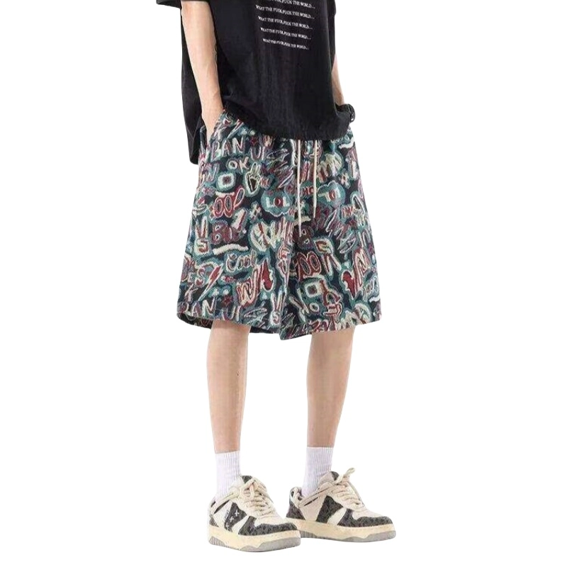 加荣 过膝涂鸦刺绣短裤男夏季轻薄透气潮牌青少年日常出行通勤百搭运动裤小众设计感大码宽松休闲松紧腰五分中裤外穿休闲短裤 男女同款