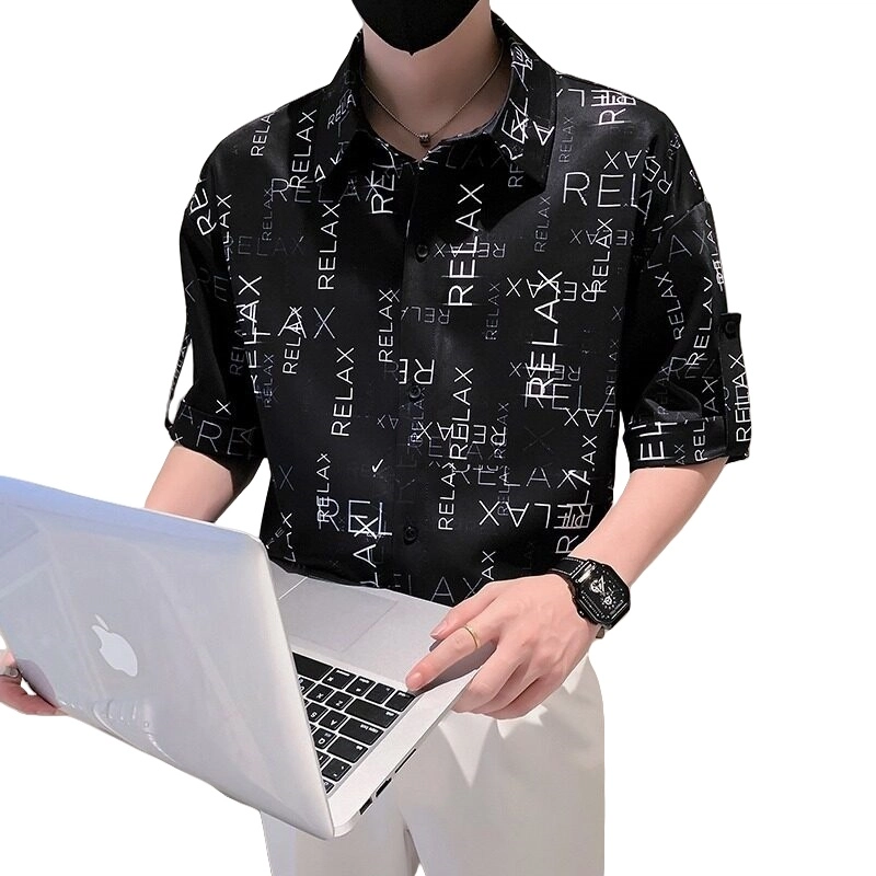 加荣 冰丝垂感透气速干花潮牌字母满印短袖衬衣夏季薄款韩版小众高级感商务时尚潮流百搭翻领衬衫 男女同款