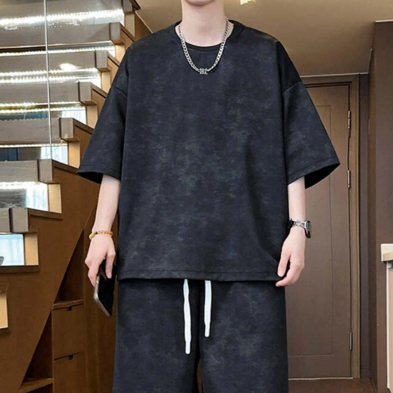 加荣 扎染青少年帅气学生复古高级感时尚初夏穿搭宽松直筒阔腿圆领短袖短裤休闲运动套装 男女同款