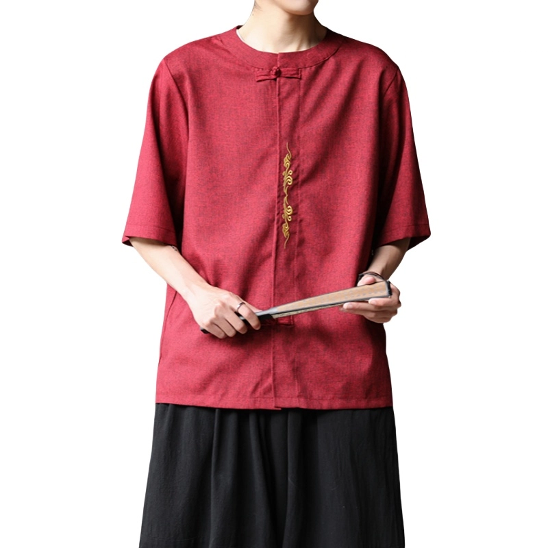 加荣 唐装中国风夏季薄款透气仿麻汉服短袖衬衫复古宽松盘扣立领潮流百搭大码青少年户外出行五分袖衬衣上衣 男女同款