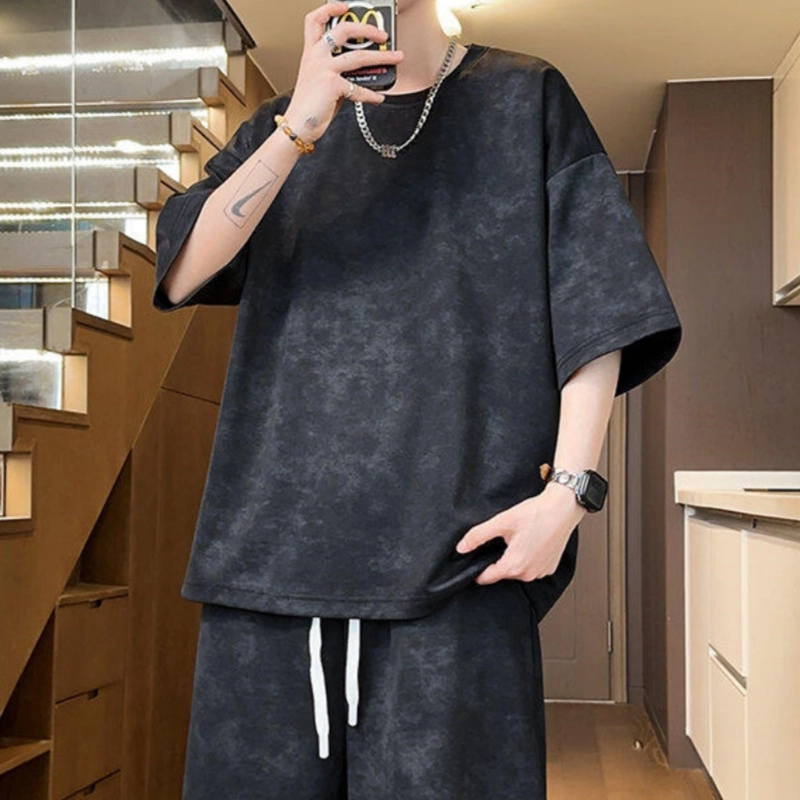 加荣 扎染青少年帅气学生复古高级感时尚初夏穿搭宽松直筒阔腿圆领短袖短裤休闲运动套装 男女同款