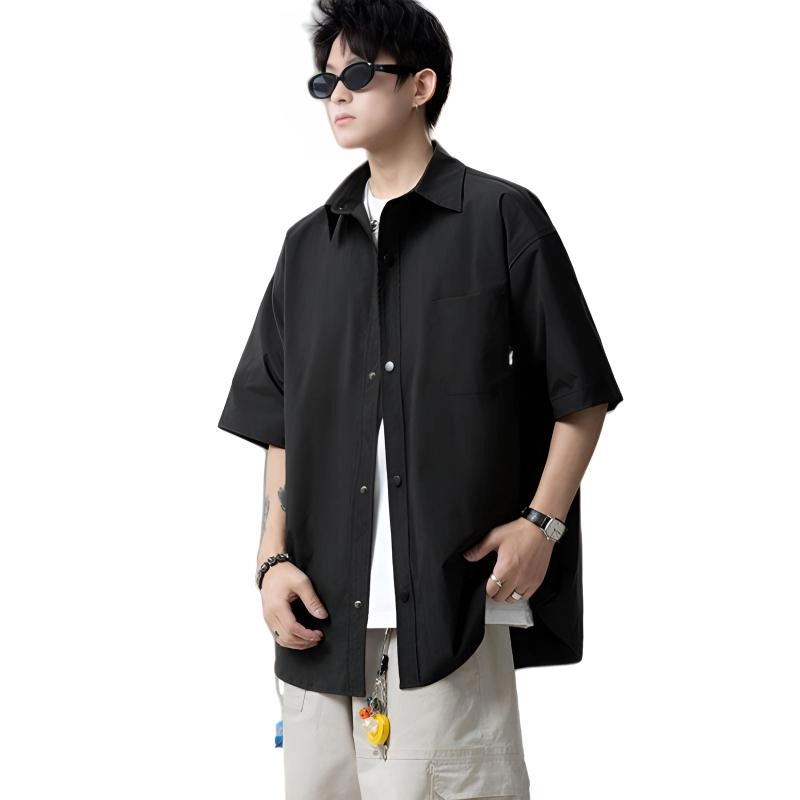 加荣 美式冰丝速干工装短袖衬衫男款夏季轻薄透气潮牌青少年户外出行百搭纯色痞帅小众高级感衬衣休闲外套上衣 男女同款