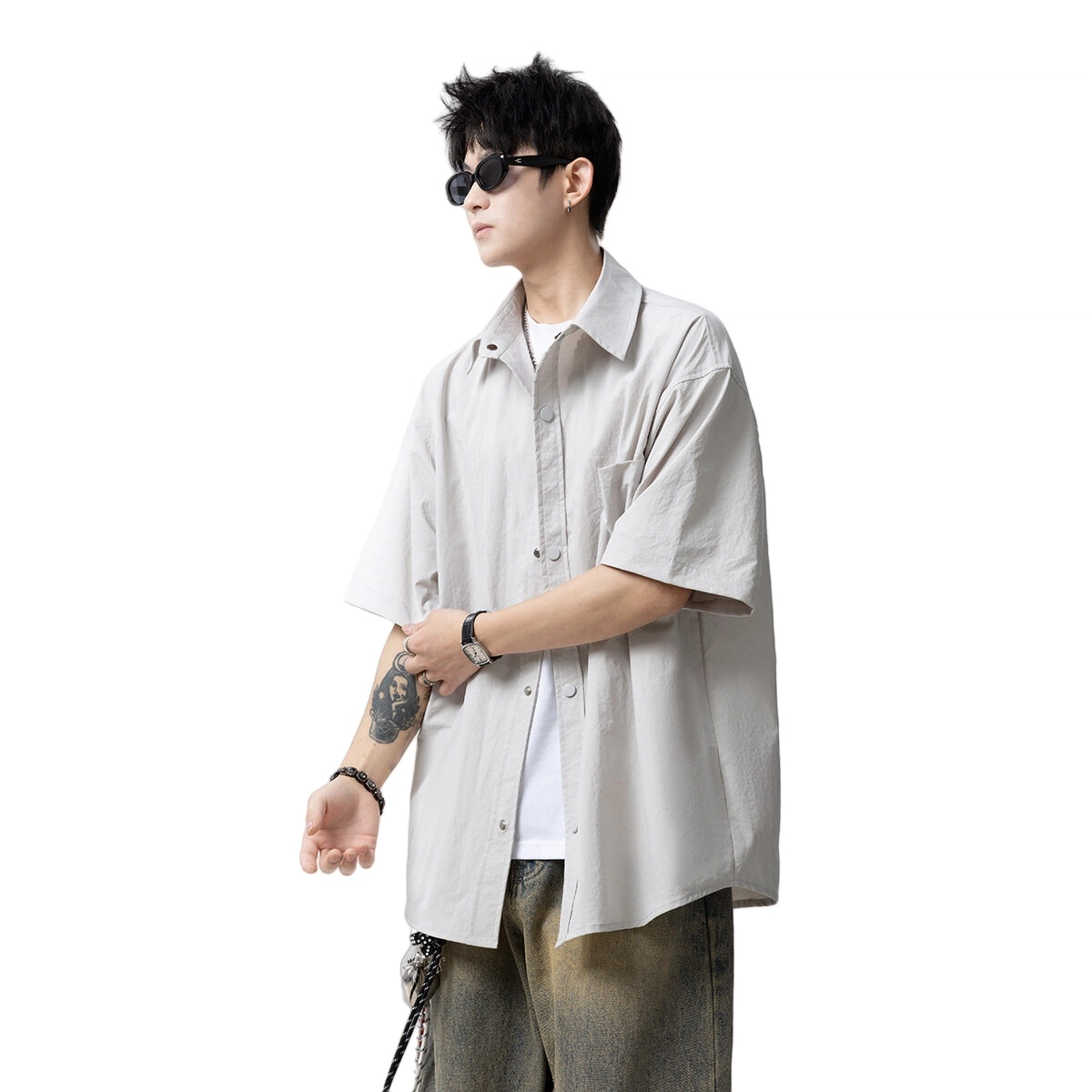 加荣 美式冰丝速干工装短袖衬衫男款夏季轻薄透气潮牌青少年户外出行百搭纯色痞帅小众高级感衬衣休闲外套上衣 男女同款