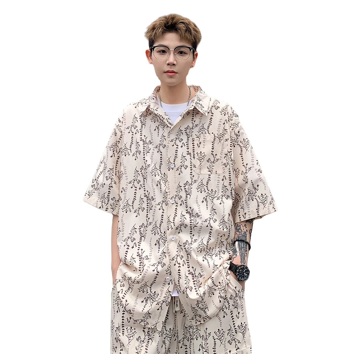 加荣 美式扎染冰丝时尚衬衫运动休闲套装男夏季薄款透气潮牌青少年户外出行通勤百搭痞帅短袖短裤两件套上衣 男女同款