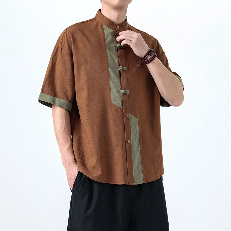 加荣 老钱风高端亚麻短袖衬衫男夏季薄款透气五分恤衬衣新中式男装盘扣唐装中国风复古拼接设计感汉服宽松休闲半袖上衣 男女同款