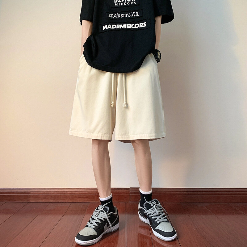 加荣 纯棉短裤男夏季薄款透气休闲裤宽松直筒裤夏天男士户外运动裤青少年美式篮球裤松紧腰裤子日系复古五分裤 男女同款 纯色简约中裤