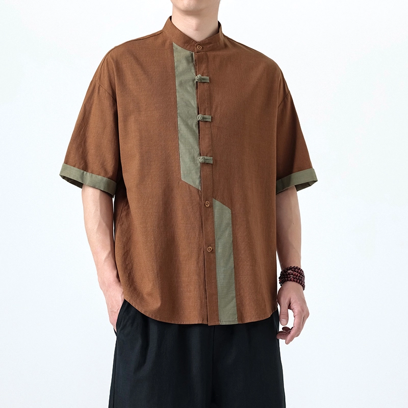 加荣 老钱风高端亚麻短袖衬衫男夏季薄款透气五分恤衬衣新中式男装盘扣唐装中国风复古拼接设计感汉服宽松休闲半袖上衣 男女同款