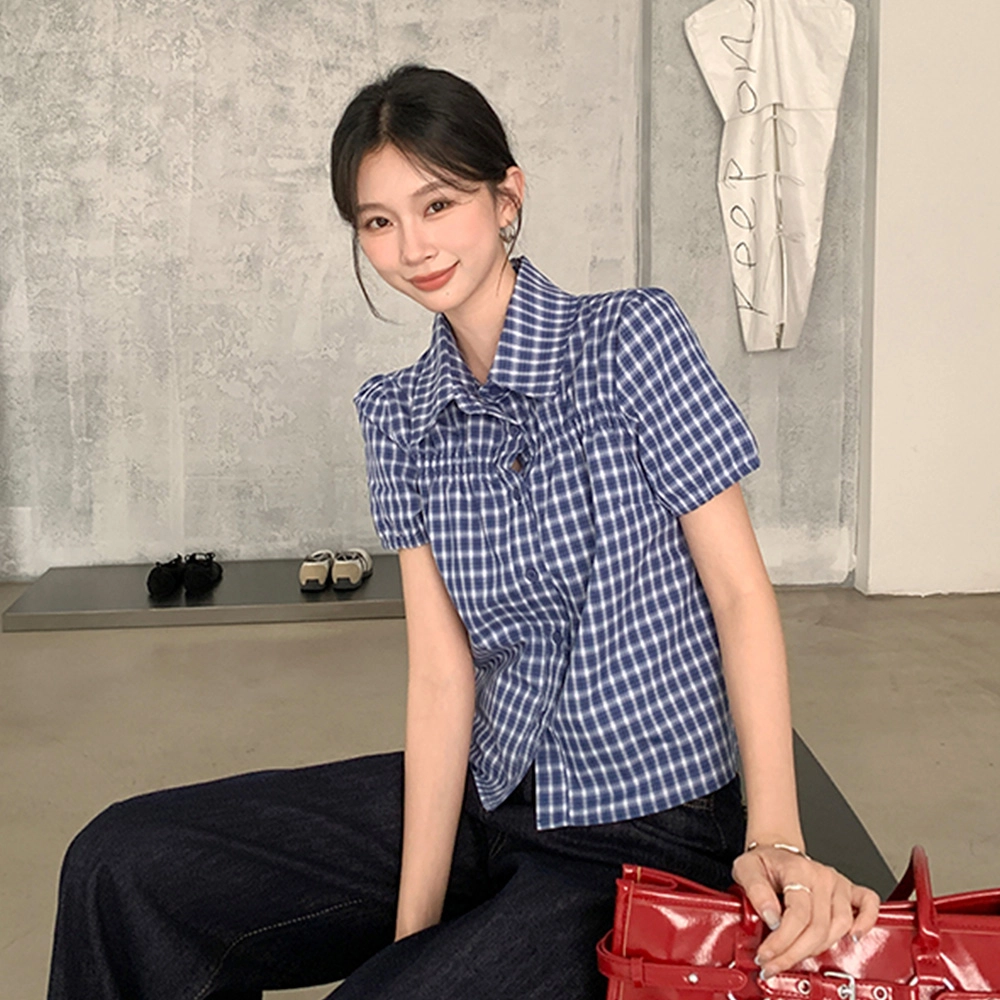 依钗 短款宽松百搭短袖格子韩系高级感洋气翻领上衣甜酷休闲风衬衫 女款