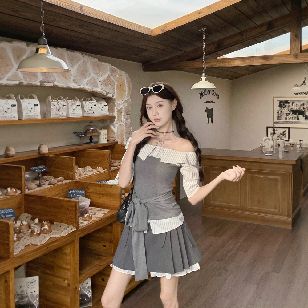费尔岛上的猫 学院风拼接绑带设计感上衣半身裙组合裙装套装 女款