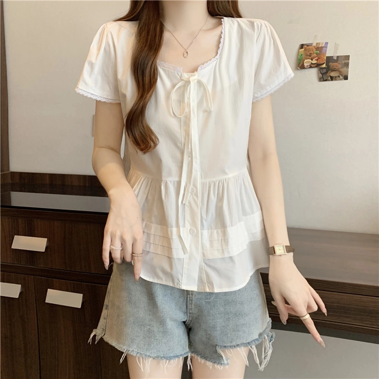 沐晓欣 设计感方领蕾丝花边系带短袖上衣衬衫 女款