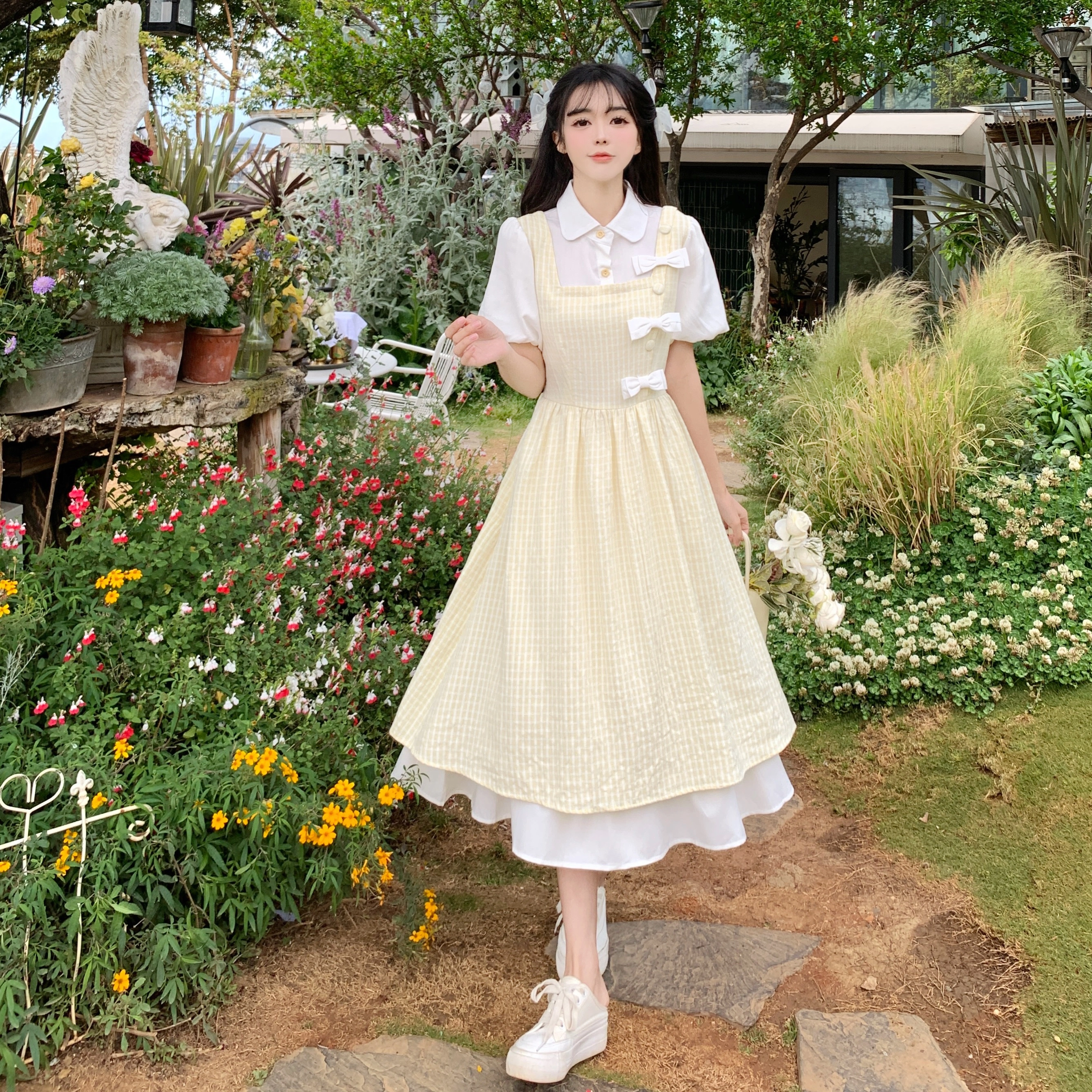 沐晓欣 少女夏装初中高中学生甜美新中式长裙子短袖连衣裙 女款 黄色