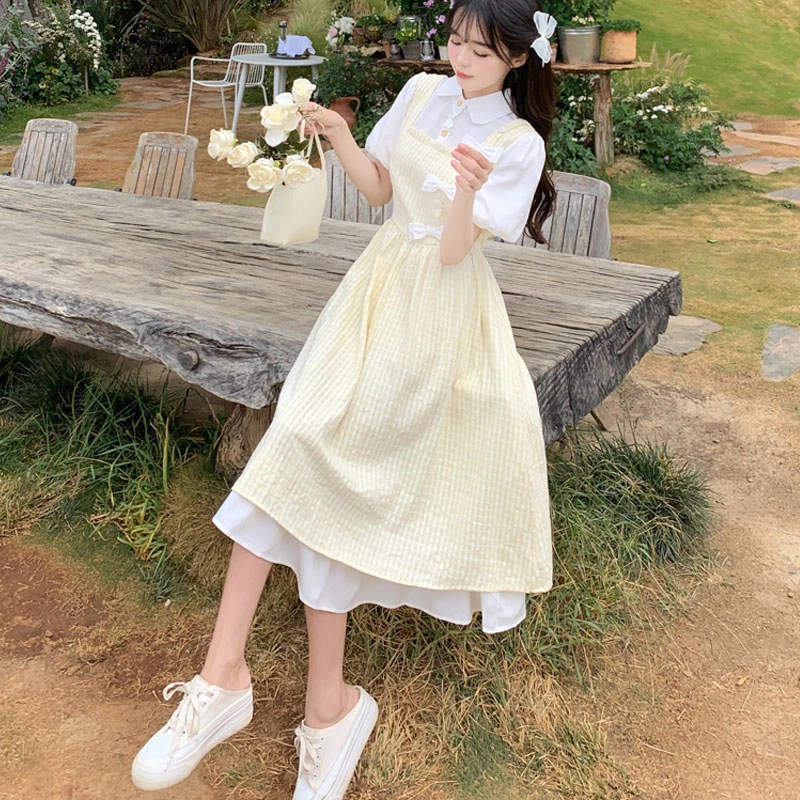 沐晓欣 少女夏装初中高中学生甜美新中式长裙子短袖连衣裙 女款 黄色