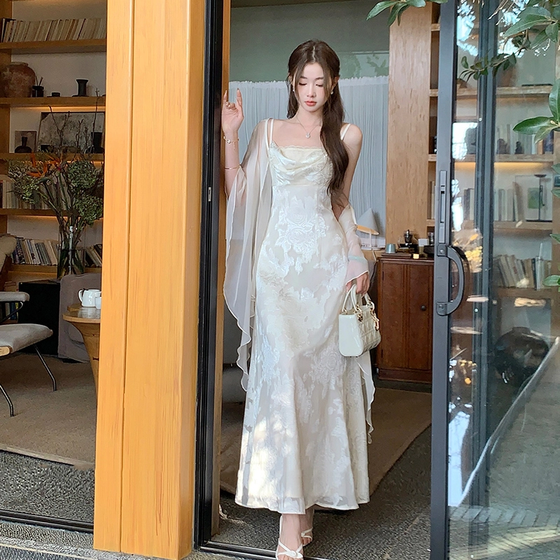 沐晓欣 新中式国风温柔气质提花吊带连衣裙开衫裙装套装 女款 米白色