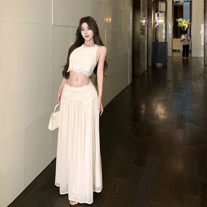 沐晓欣 蕾丝拼接纯欲修身无袖背心女夏季设计感高腰半身裙两件套裙装套装 女款