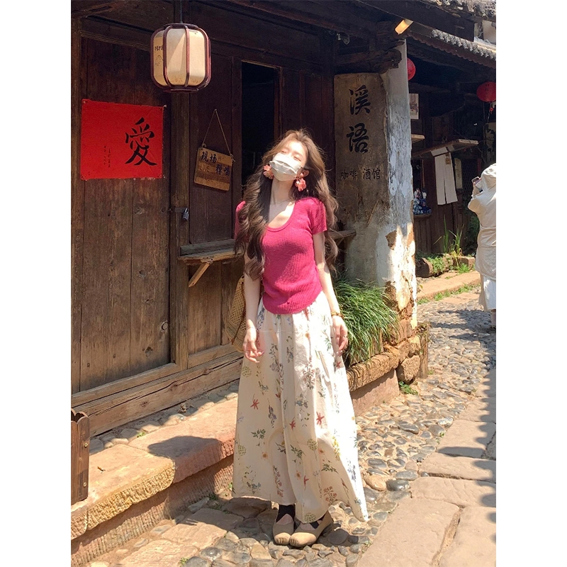 沐晓欣 韩系穿搭树莓粉针织衫高腰显瘦半身裙两件套裙装套装 女款