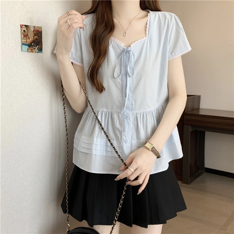 沐晓欣 设计感方领蕾丝花边系带短袖上衣衬衫 女款