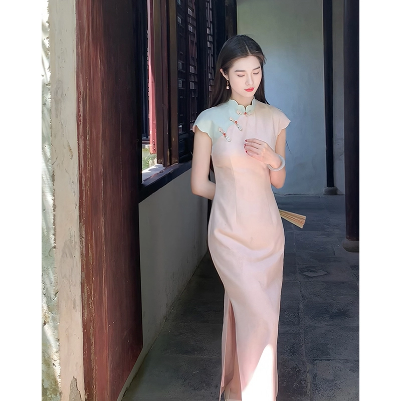 沐晓欣 春棠新中式撞色渐变旗袍女春夏全包边旗袍领收腰开叉短袖连衣裙 女款