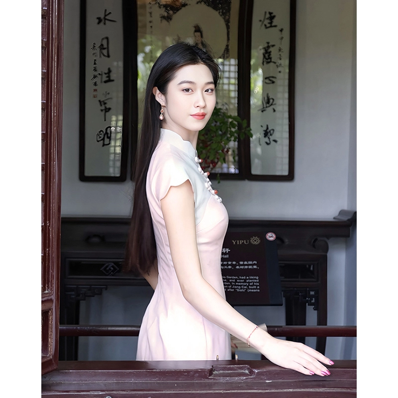 沐晓欣 春棠新中式撞色渐变旗袍女春夏全包边旗袍领收腰开叉短袖连衣裙 女款