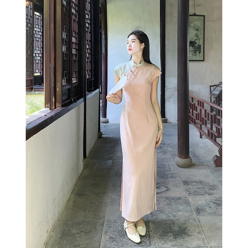 沐晓欣 春棠新中式撞色渐变旗袍女春夏全包边旗袍领收腰开叉短袖连衣裙 女款