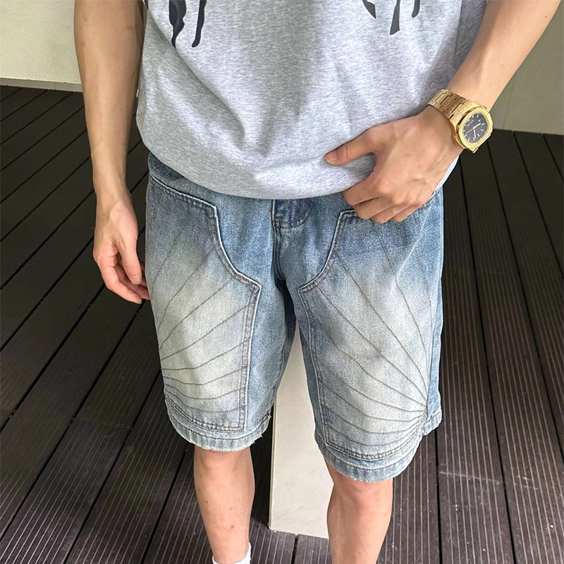 拾个壹先生 美式水洗做旧拼接设计感宽松百搭直筒牛仔短裤 男女同款