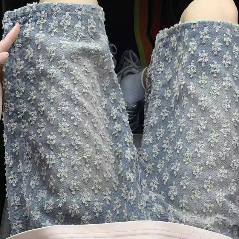 拾个壹先生 满印提花设计美式中性风个性街头艺术超重工小众潮牌高级感宽松直筒水洗牛仔短裤 男女同款