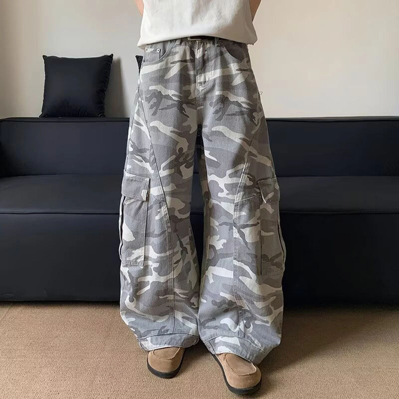 拾个壹先生 美式高街灰白迷彩水洗阔腿弯刀潮流宽松休闲百搭工装裤 男女同款