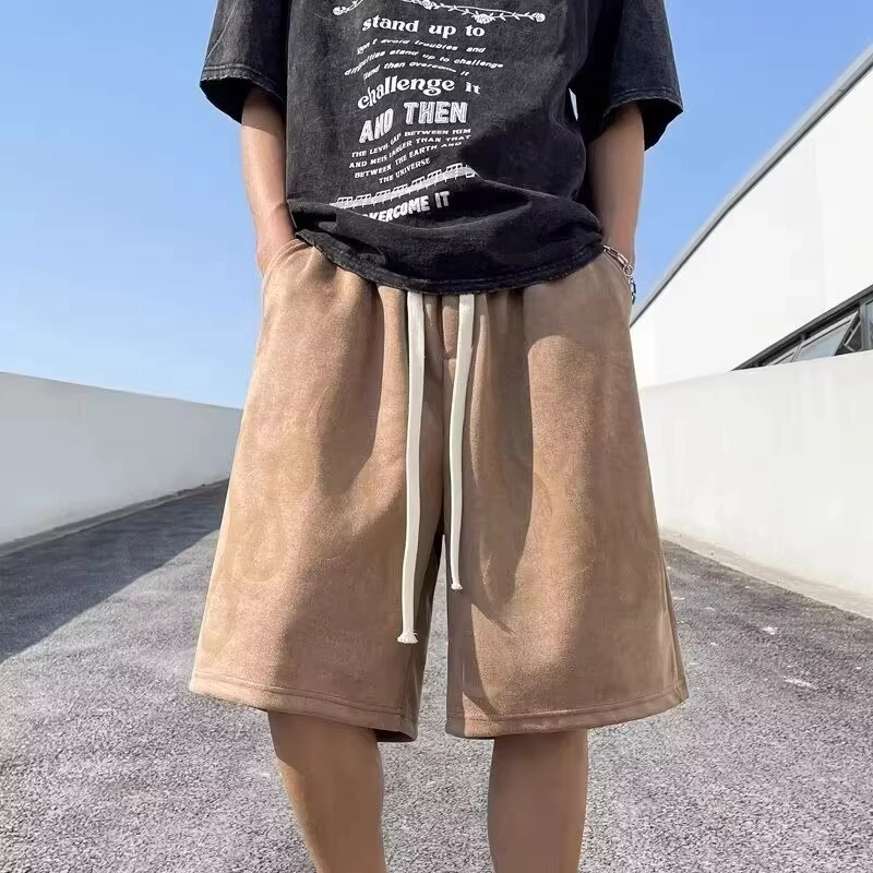 拾个壹先生 美式复古篮球运动火焰印花宽松麂皮绒五分休闲短裤 男女同款
