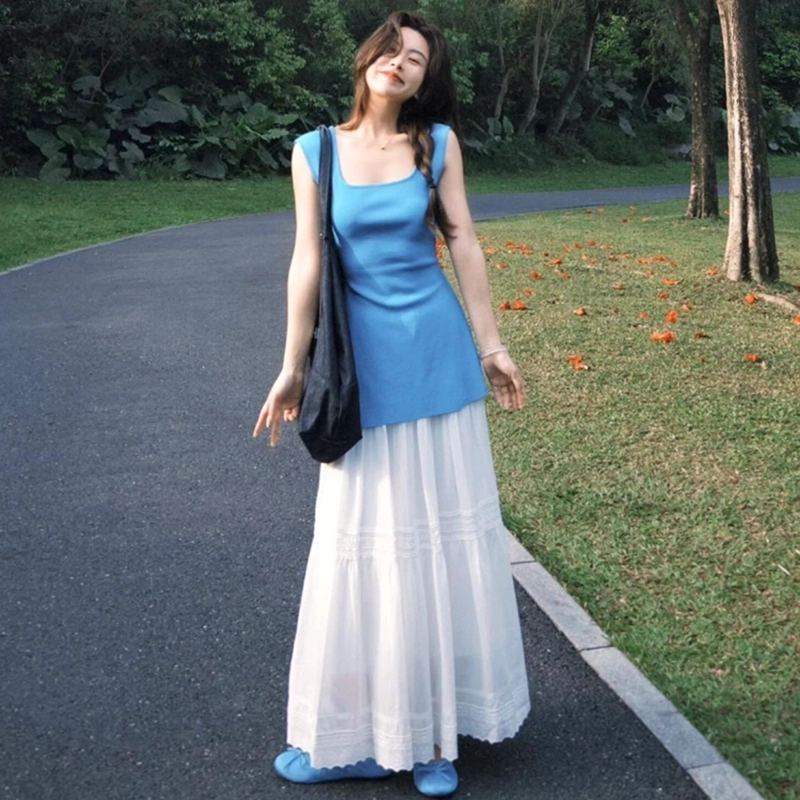 依钗 夏日露腰修身针织与大裙摆半身裙两件套氛围感穿搭裙装套装 女款