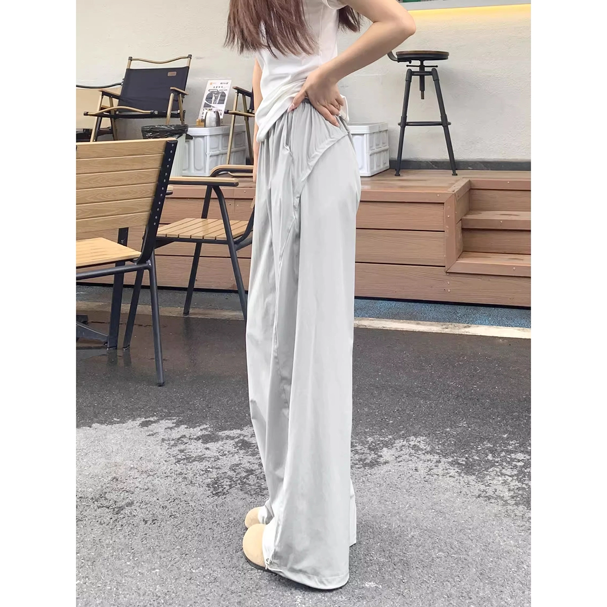 帝狼牛 美式高腰阔腿纯色舒适通勤夏季薄款拖地长裤休闲裤 女款