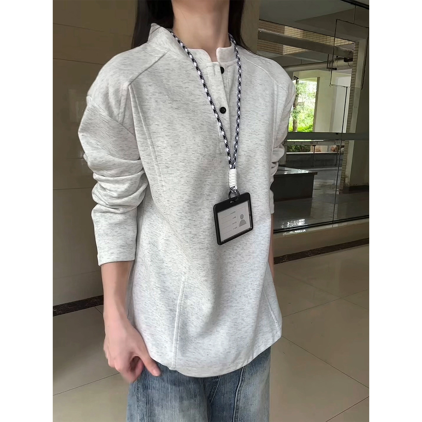 悍戈 美式复古亨利领长袖春秋内搭打底衫卫衣 男女同款