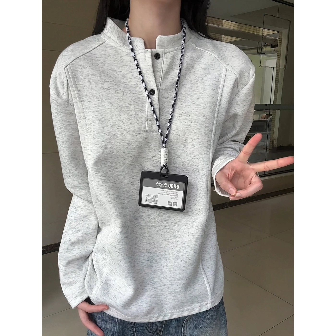 悍戈 美式复古亨利领长袖春秋内搭打底衫卫衣 男女同款