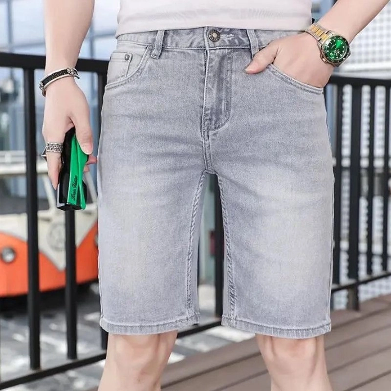 吉肯蒂 薄款浅灰色弹力男士轻奢高端中裤牛仔短裤 男款