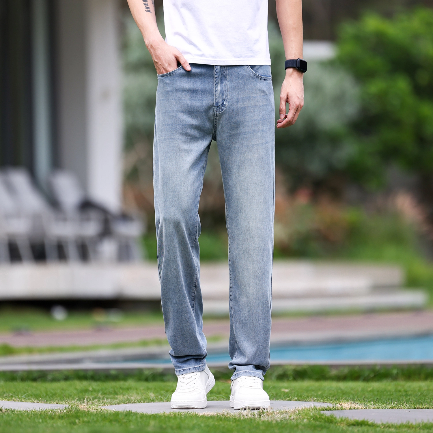 吉肯蒂 浅色天丝牛仔裤男夏季超薄款冰丝阔腿宽松长裤男士高端直筒裤子 男款