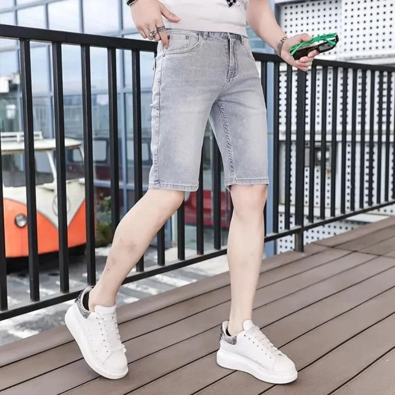 吉肯蒂 薄款浅灰色弹力男士轻奢高端中裤牛仔短裤 男款